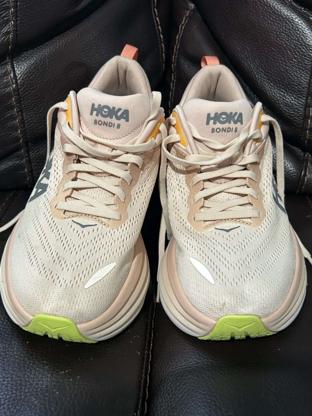 Hoka Bondi 8 Women's Running Shoes - Beige with Lime and Coral Accents